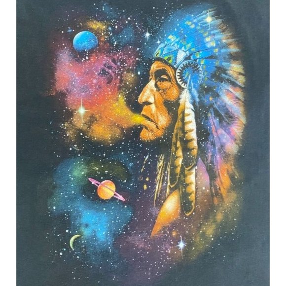 Native American Chief Cosmic Smoke Stars Planets Black T Shirt 2XL - Picture 2 of 4